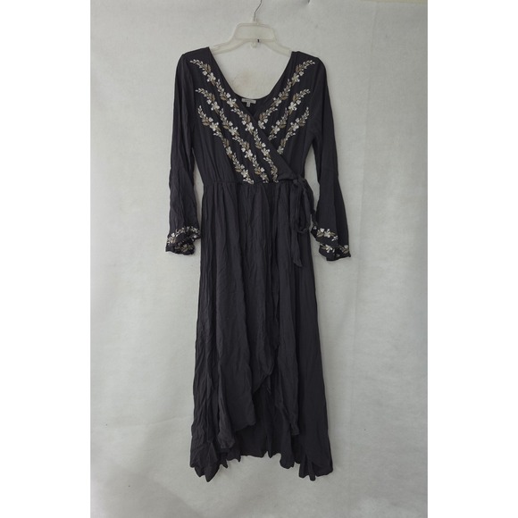 JODIFL Dresses & Skirts - Jodifl Wrap Maxi Dress Womens Small Charcoal Gray Floral Embroidered Boho J3292